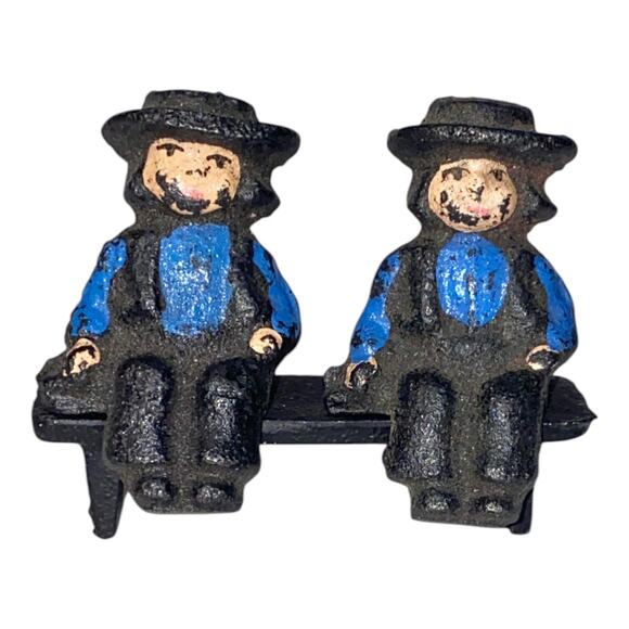 Vintage John Wright Cast Iron Amish 2 Boys on Bench 1997 Hand Painted Figurines - Picture 1 of 11